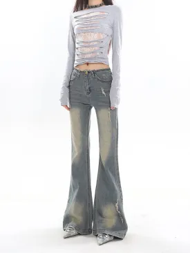 【23s November.】Washed Distressed Raw Edge Jeans
