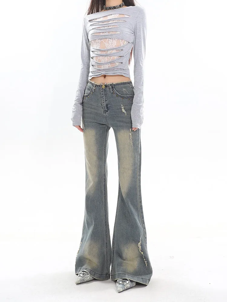 【23s November.】Washed Distressed Raw Edge Jeans