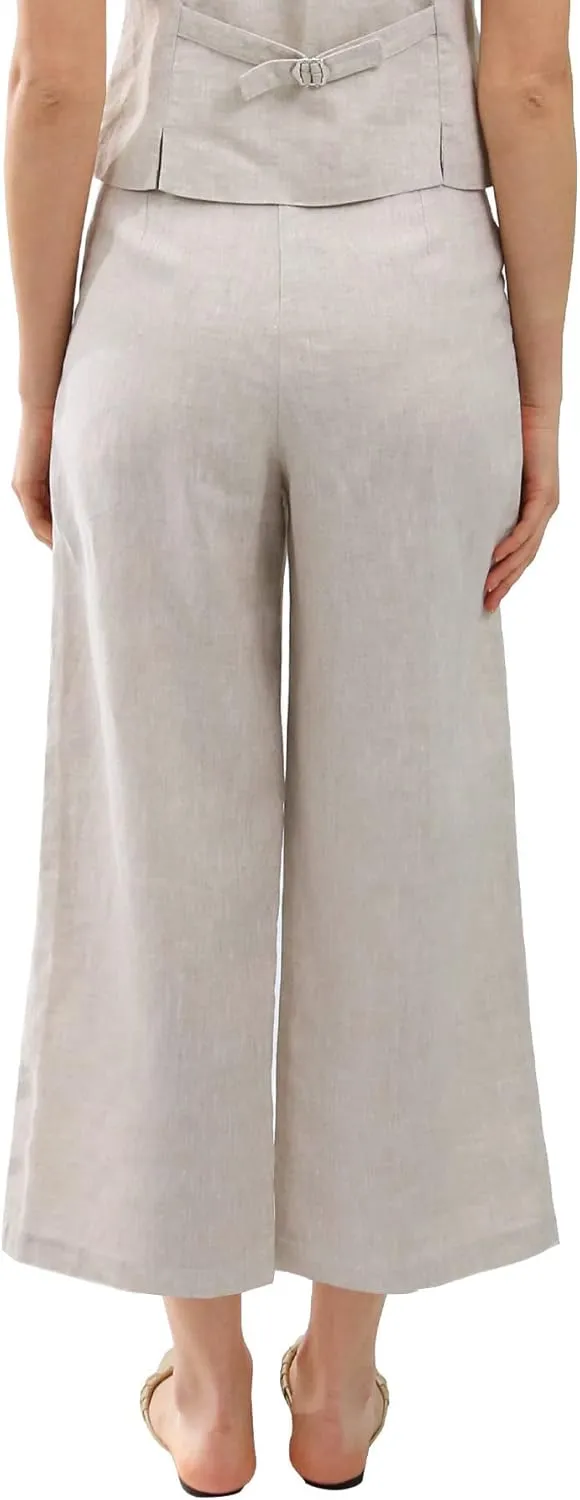Amazhiyu Women's Linen Crop Pants Wide Leg Straight Pleated Front Ankle Trouser