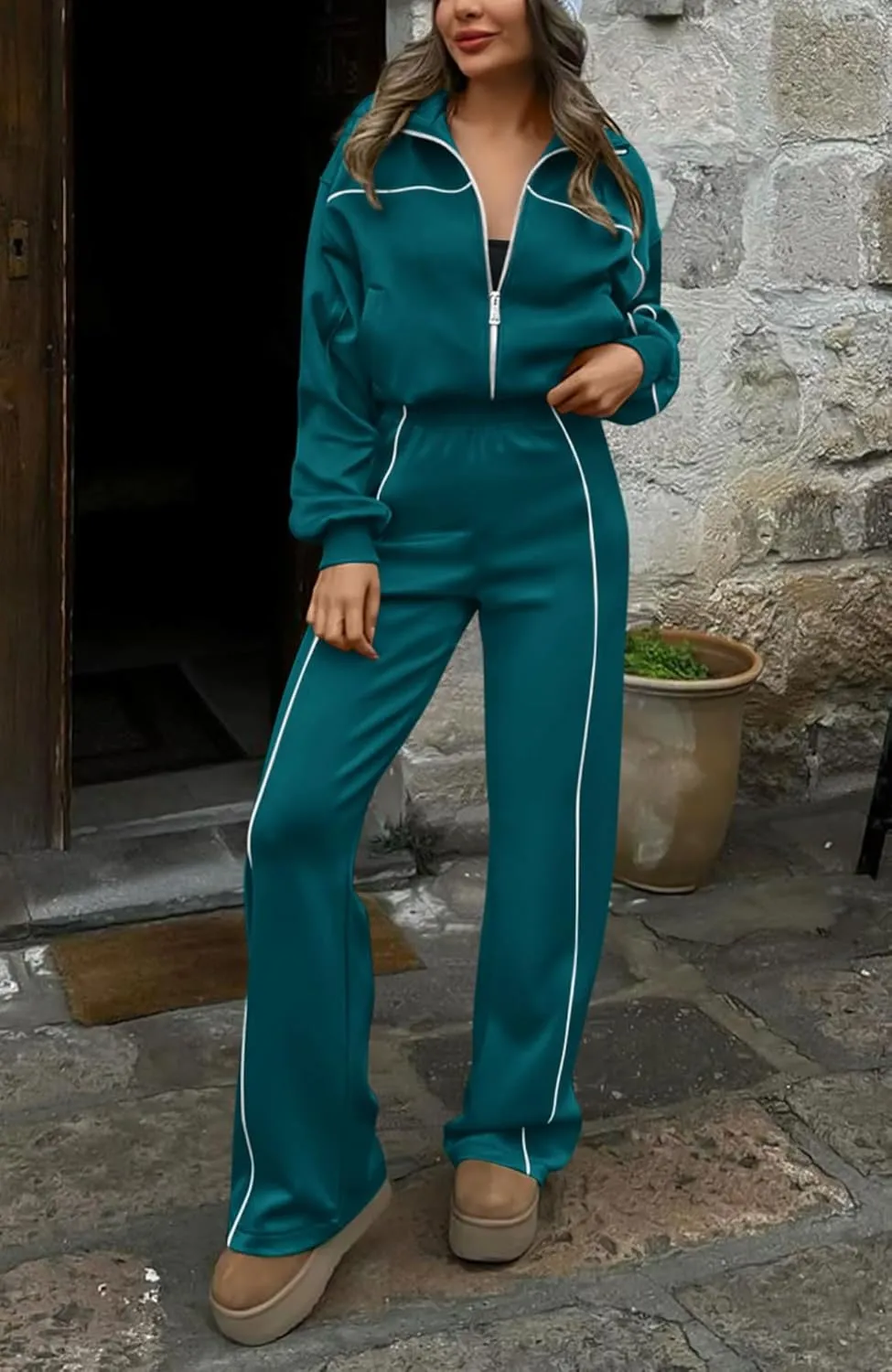 BTFBM Women's Two Piece Tracksuit Fall 2025 Long Sleeve Zip Up Sweatshirt Long Pants Outfits Jogger Sweatsuit Sets