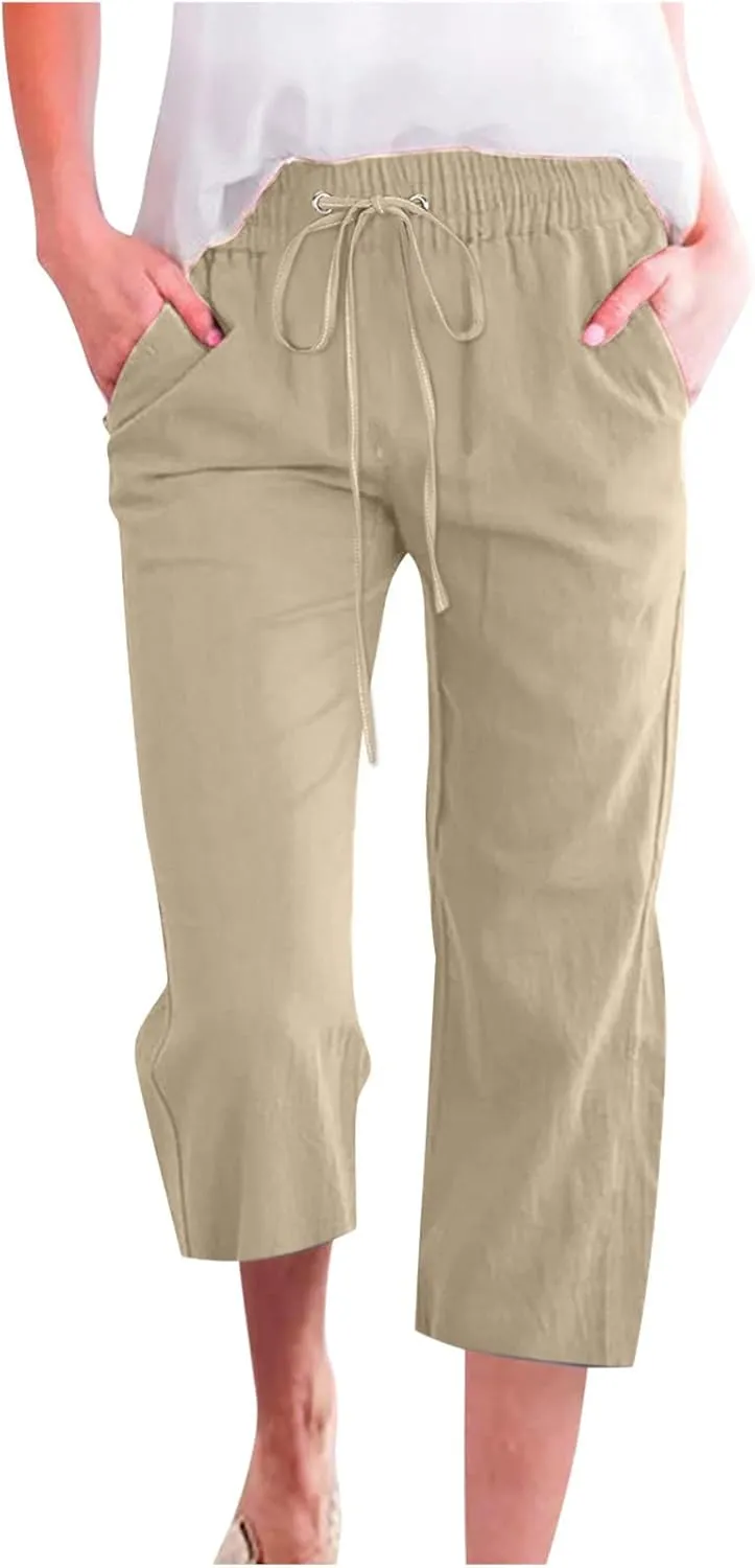 Capri Pants for Women 2025 Summer Linen Wide Leg Capris Casual Lightweight Capri Lounge Pants with Pockets