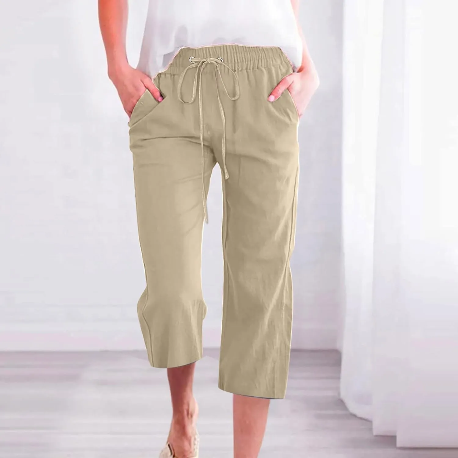 Capri Pants for Women 2025 Summer Linen Wide Leg Capris Casual Lightweight Capri Lounge Pants with Pockets