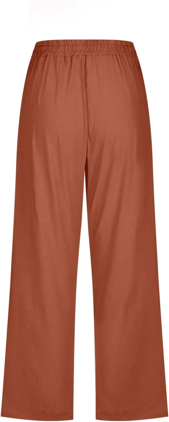 Capri Pants for Women Casual 2024 Summer Drawstring Elastic High Waist Linen Pants Wide Leg Plus Size Lounge Capris
