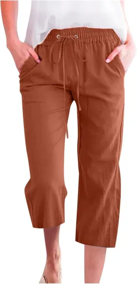 Capri Pants for Women Casual 2024 Summer Drawstring Elastic High Waist Linen Pants Wide Leg Plus Size Lounge Capris