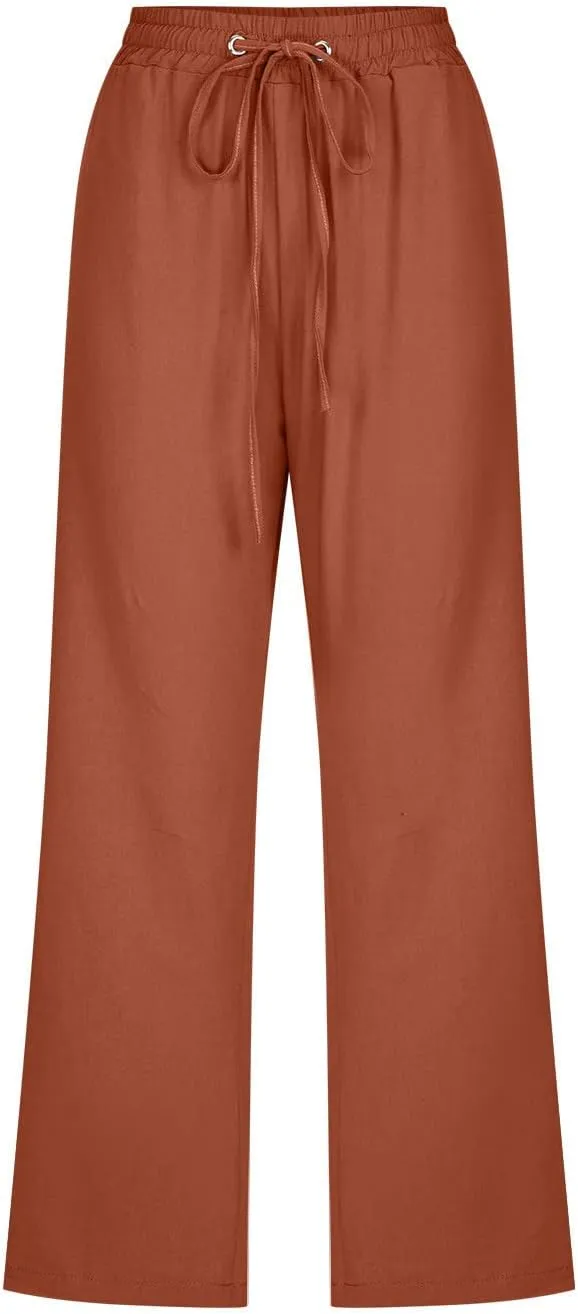 Capri Pants for Women Casual 2024 Summer Drawstring Elastic High Waist Linen Pants Wide Leg Plus Size Lounge Capris