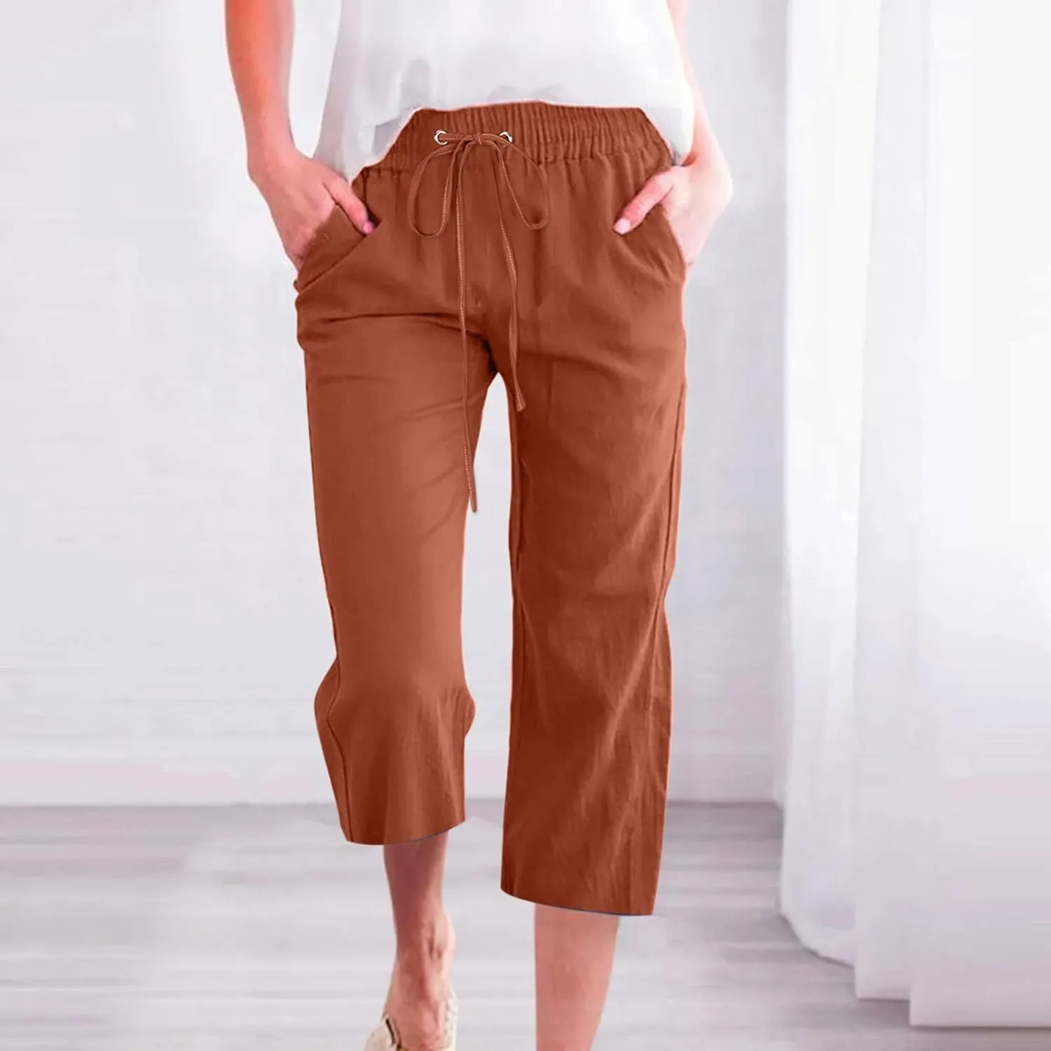 Capri Pants for Women Casual 2024 Summer Drawstring Elastic High Waist Linen Pants Wide Leg Plus Size Lounge Capris