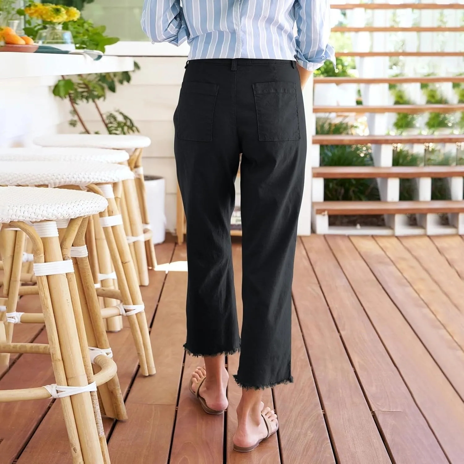 Capri Pants for Women High Waisted Straight Leg Linen Work Trousers Business Casual Raw Hem Ankle Pants Pockets
