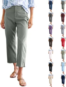 Capri Pants for Women High Waisted Straight Leg Linen Work Trousers Business Casual Raw Hem Ankle Pants Pockets