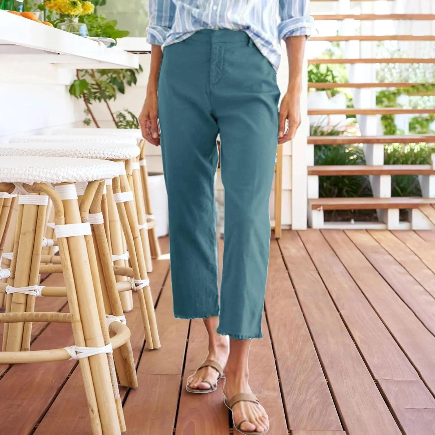 Capri Pants for Women High Waisted Straight Leg Linen Work Trousers Business Casual Raw Hem Ankle Pants Pockets