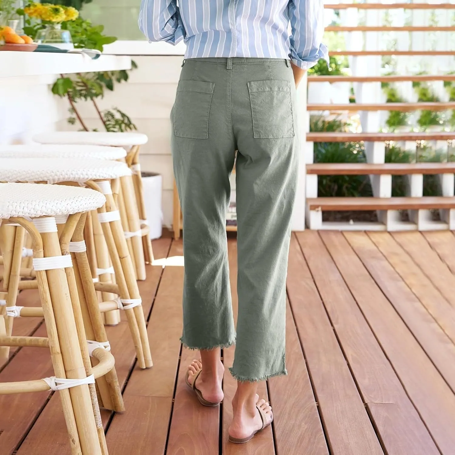 Capri Pants for Women High Waisted Straight Leg Linen Work Trousers Business Casual Raw Hem Ankle Pants Pockets