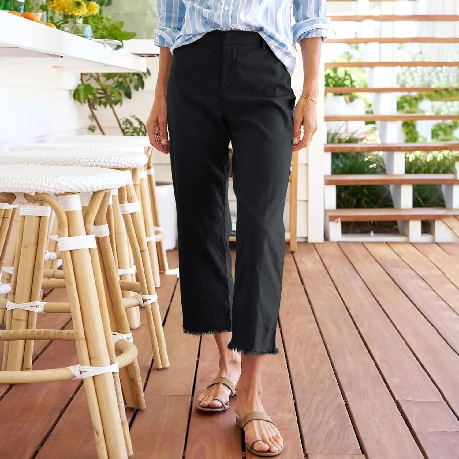 Capri Pants for Women High Waisted Straight Leg Linen Work Trousers Business Casual Raw Hem Ankle Pants Pockets