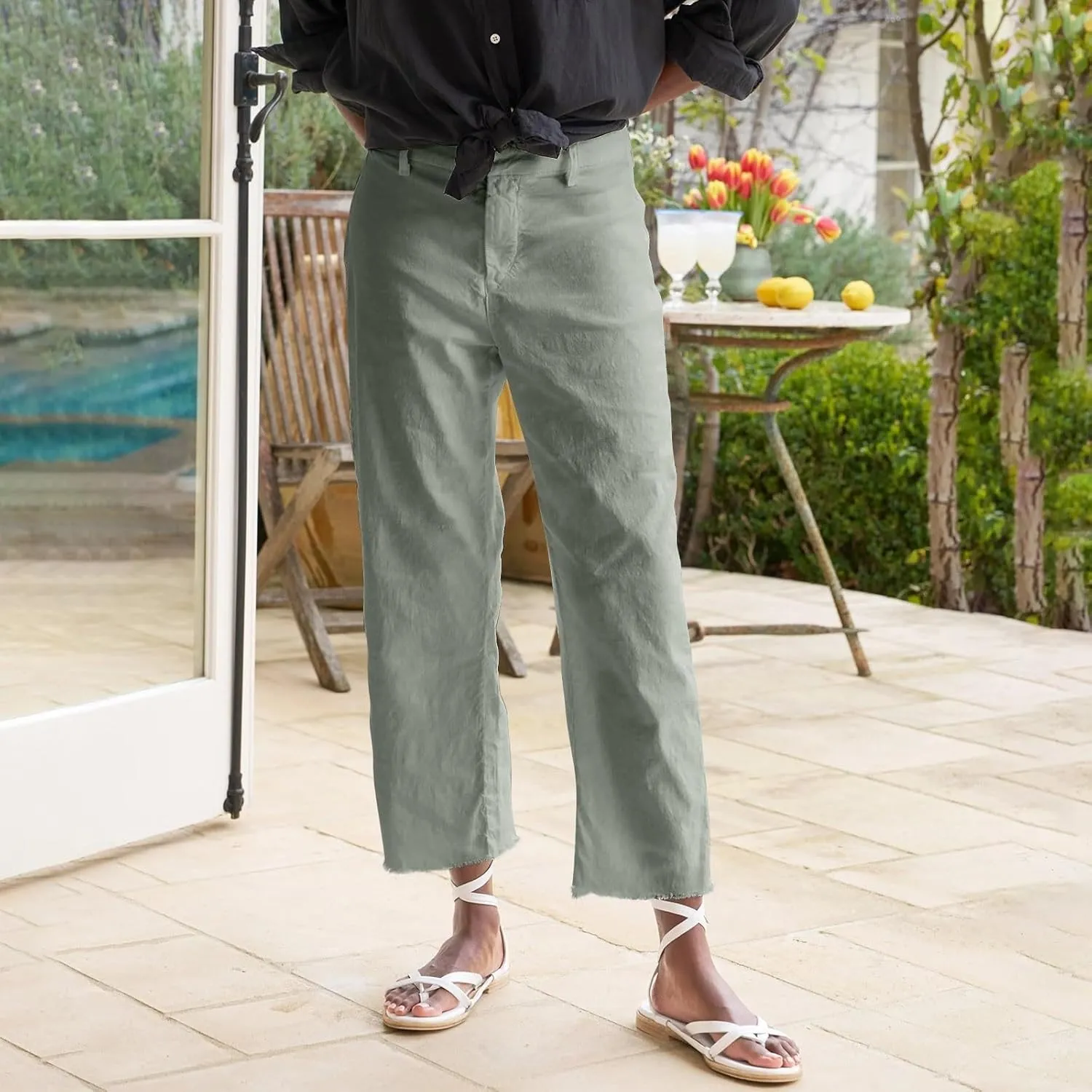 Capri Pants for Women High Waisted Straight Leg Linen Work Trousers Business Casual Raw Hem Ankle Pants Pockets
