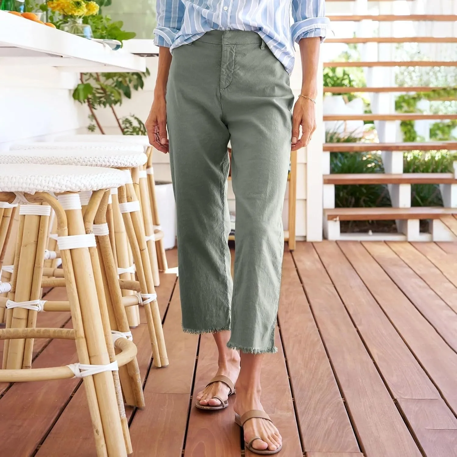 Capri Pants for Women High Waisted Straight Leg Linen Work Trousers Business Casual Raw Hem Ankle Pants Pockets