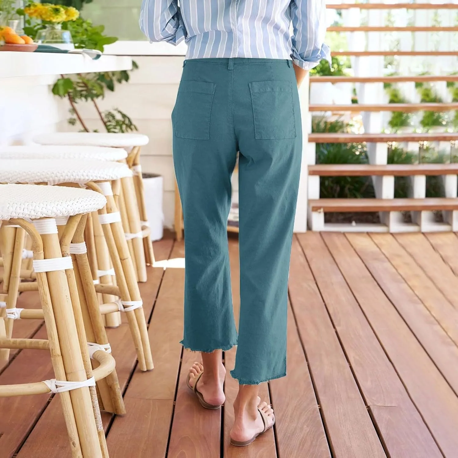 Capri Pants for Women High Waisted Straight Leg Linen Work Trousers Business Casual Raw Hem Ankle Pants Pockets