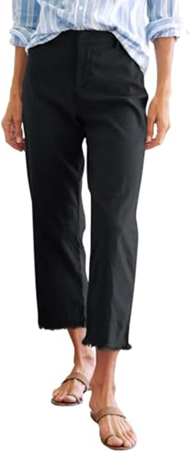 Capri Pants for Women High Waisted Straight Leg Linen Work Trousers Business Casual Raw Hem Ankle Pants Pockets