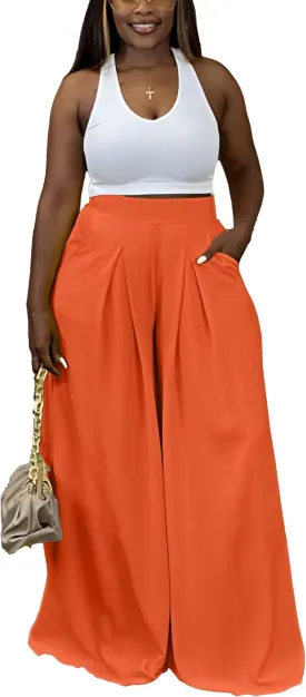 Casual Plus Size Wide Leg Palazzo Pants for Women Lounge High Waist Skirt Pants with Pockets Elastic Waistband