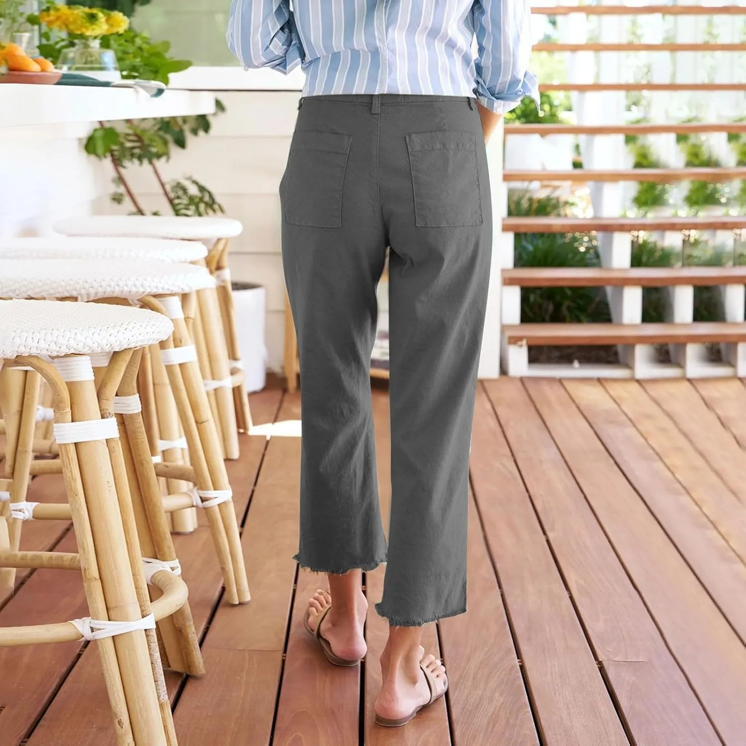 Cropped Linen Pants Women High Waisted Straight Leg Capri Work Trousers Business Casual Raw Hem Ankle Pants Pockets