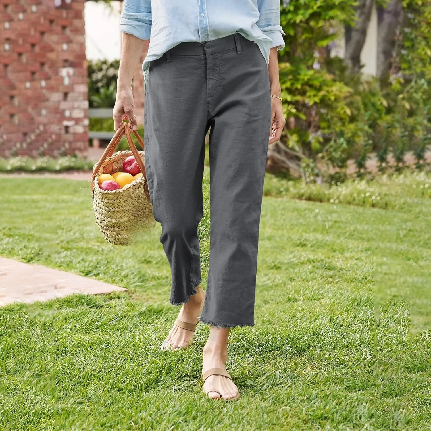 Cropped Linen Pants Women High Waisted Straight Leg Capri Work Trousers Business Casual Raw Hem Ankle Pants Pockets