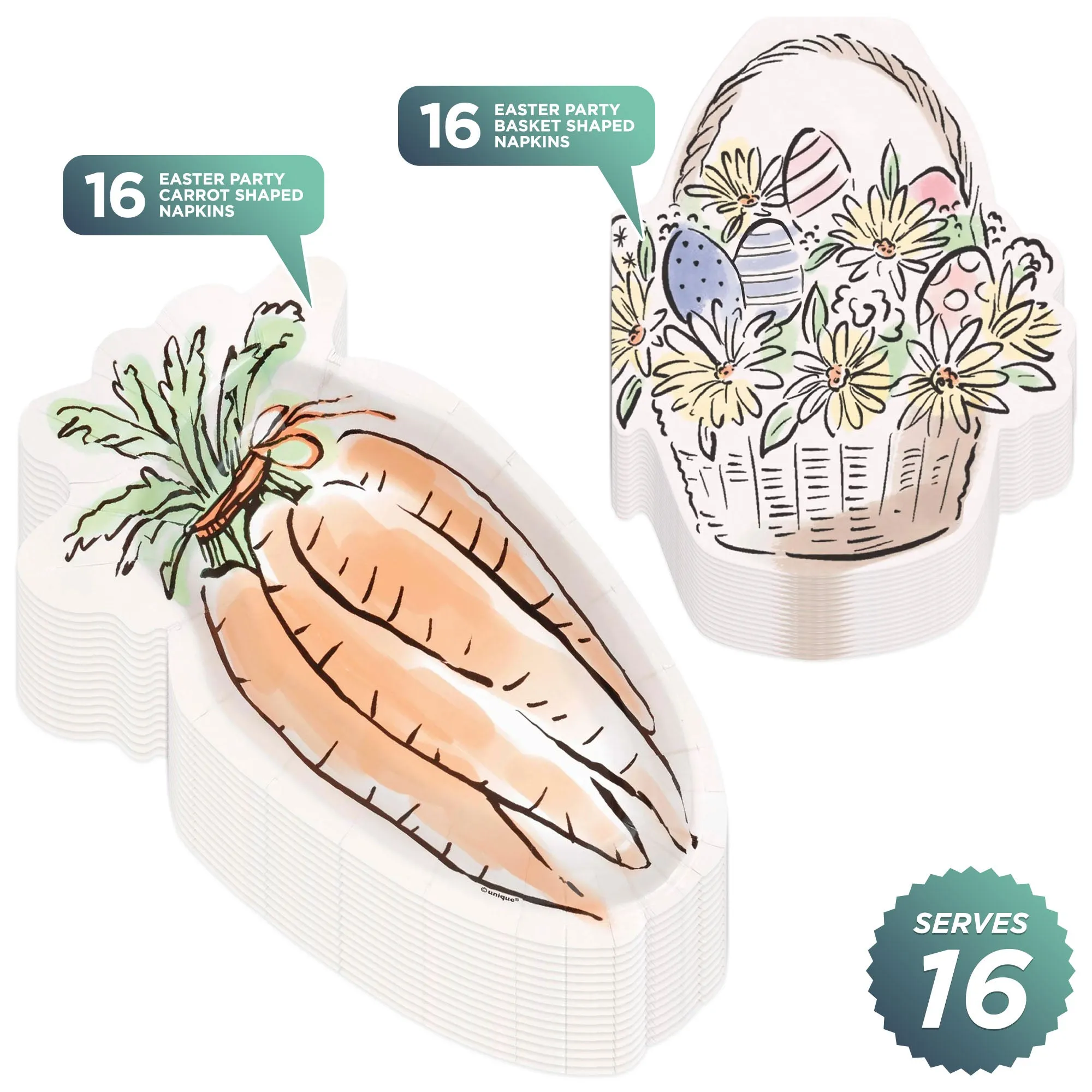 Dainty Easter Painted Garden Carrot Bunch Paper Dessert Plates and Basket Shaped Napkins