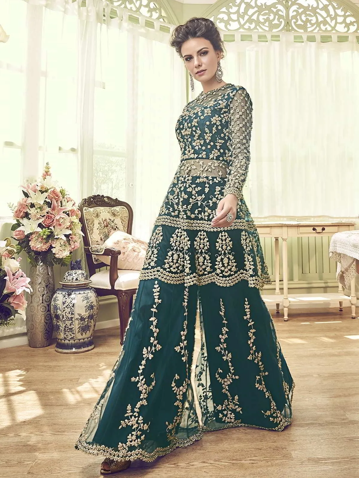 Dark Green Embellished Indian Gharara Palazzo Suit
