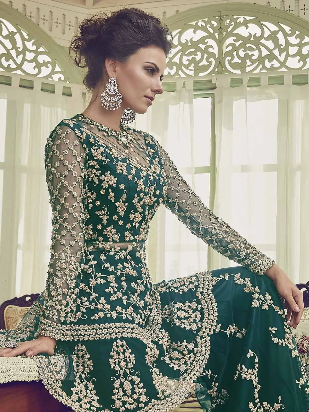 Dark Green Embellished Indian Gharara Palazzo Suit