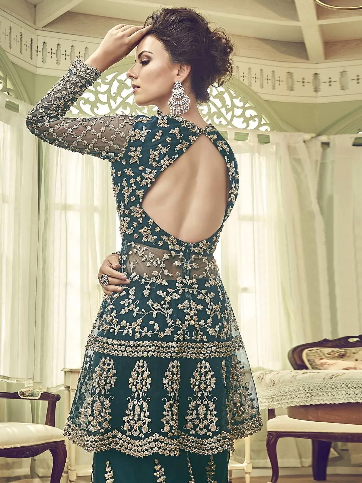 Dark Green Embellished Indian Gharara Palazzo Suit