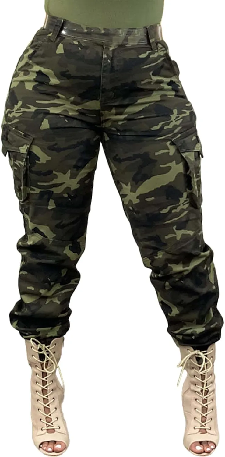 Famnbro Women Camo Pants Camouflage Cargo Pants Ankle Cuffed Army Fatigue Joggers Streetwear