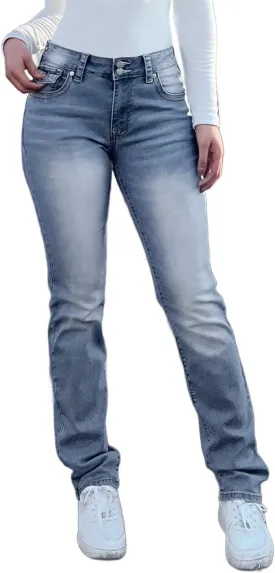 Flamingals Straight Leg Jeans for Women Stretchy Mid Waist Double Button Wash Solid Skinny Jean