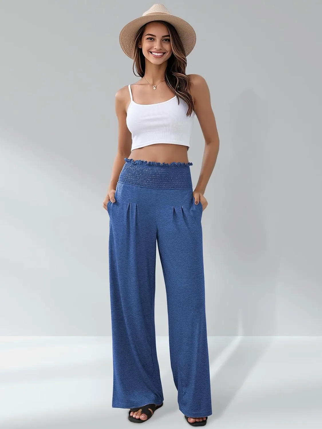 GEMLON Women's Palazzo Pants High Waisted Elastic Wide Leg Casual Lounge Pants with Pockets