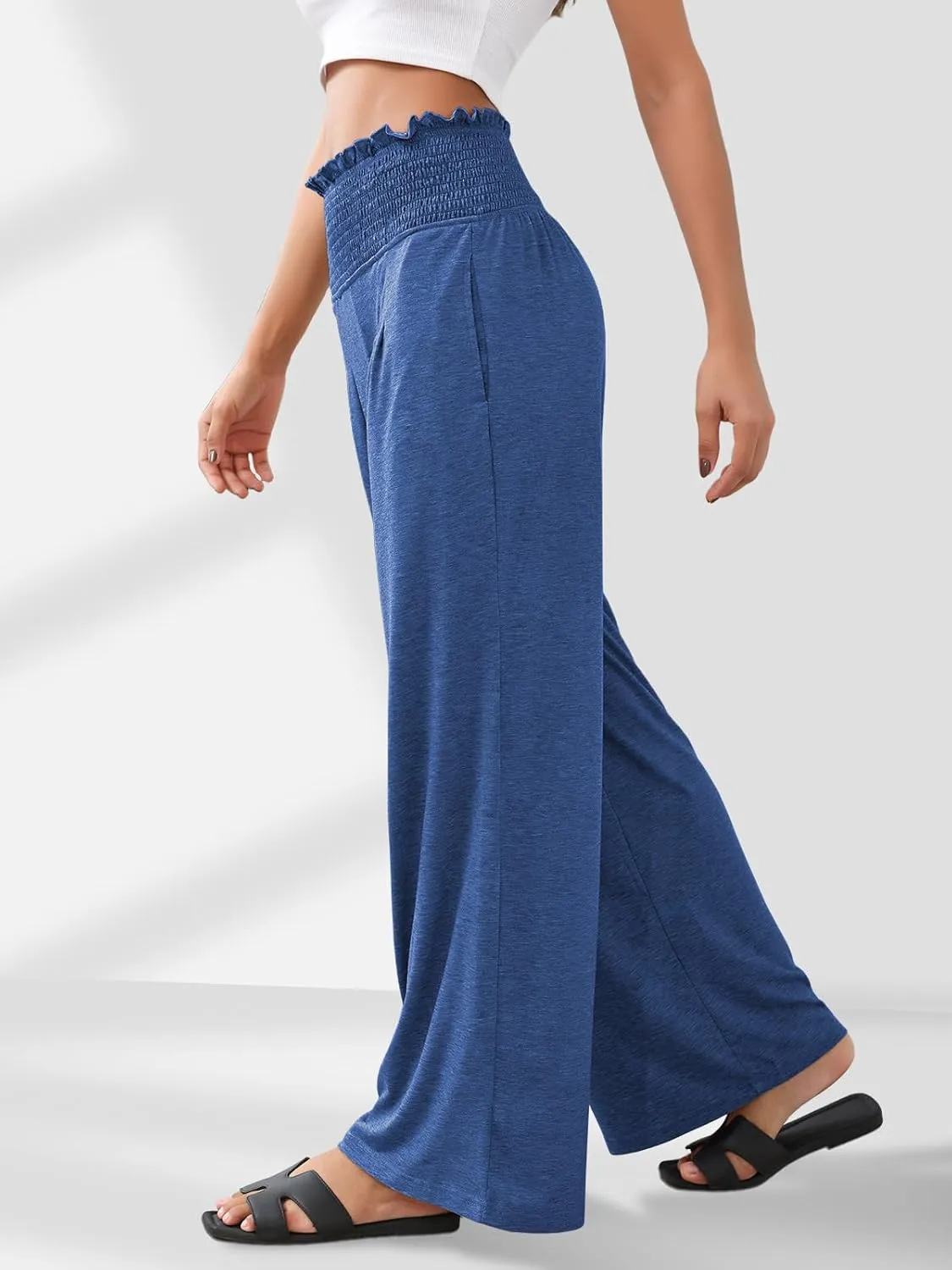 GEMLON Women's Palazzo Pants High Waisted Elastic Wide Leg Casual Lounge Pants with Pockets