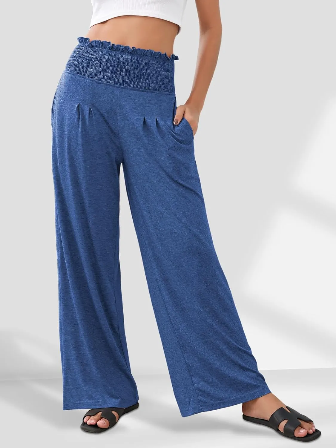 GEMLON Women's Palazzo Pants High Waisted Elastic Wide Leg Casual Lounge Pants with Pockets