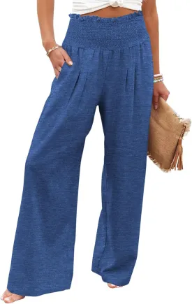 GEMLON Women's Palazzo Pants High Waisted Elastic Wide Leg Casual Lounge Pants with Pockets