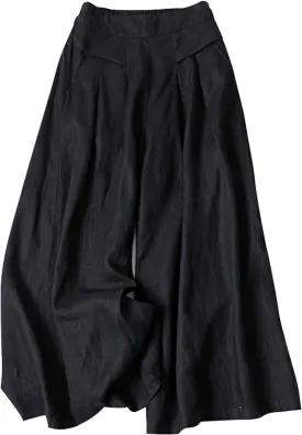 Gihuo Women' s Culottes Linen Blend Wide Leg Pants Elastic Waist Casual Palazzo Trousers with Pockets Capris