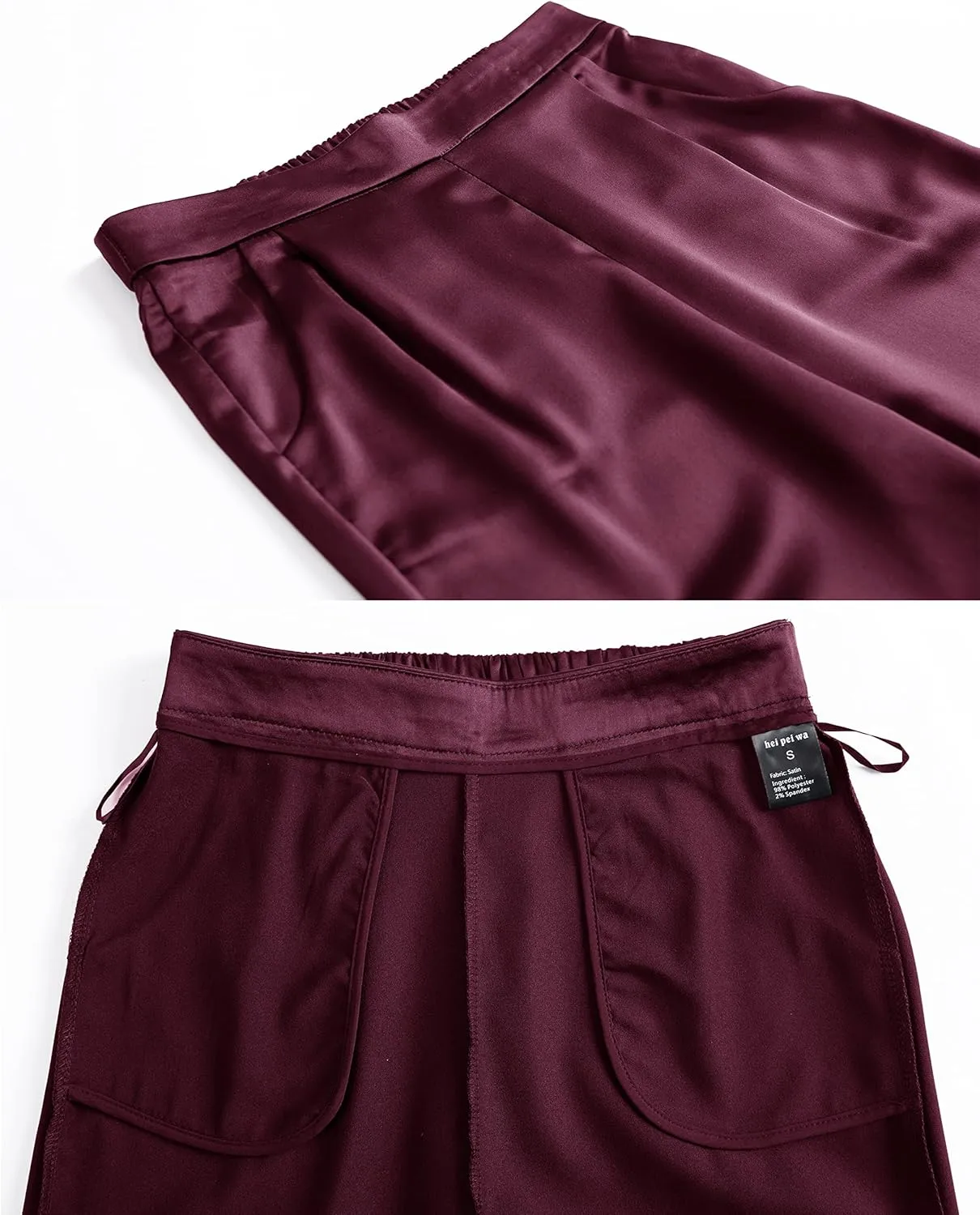 heipeiwa Women's Satin Pants Dress Casual Pleated Pull on High Waist Pants Baggy Front Tapered Trouser