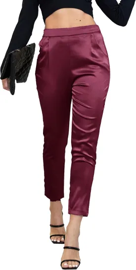 heipeiwa Women's Satin Pants Dress Casual Pleated Pull on High Waist Pants Baggy Front Tapered Trouser