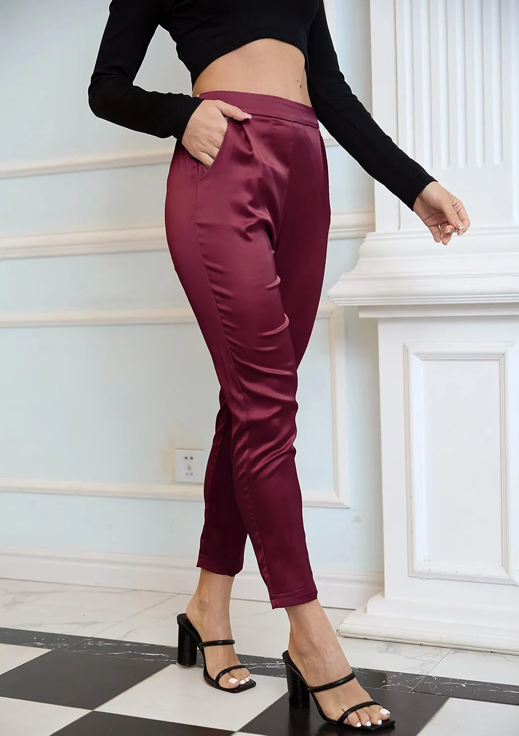 heipeiwa Women's Satin Pants Dress Casual Pleated Pull on High Waist Pants Baggy Front Tapered Trouser