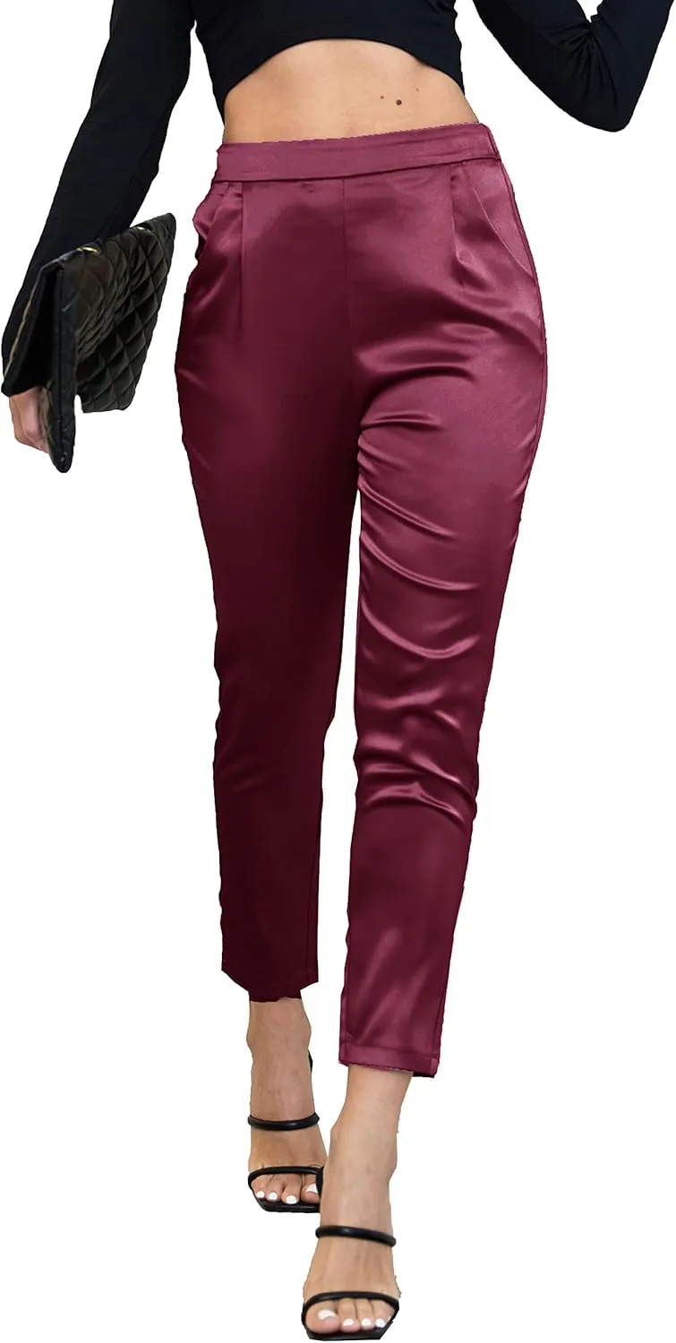 heipeiwa Women's Satin Pants Dress Casual Pleated Pull on High Waist Pants Baggy Front Tapered Trouser
