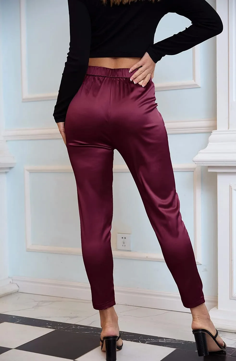 heipeiwa Women's Satin Pants Dress Casual Pleated Pull on High Waist Pants Baggy Front Tapered Trouser