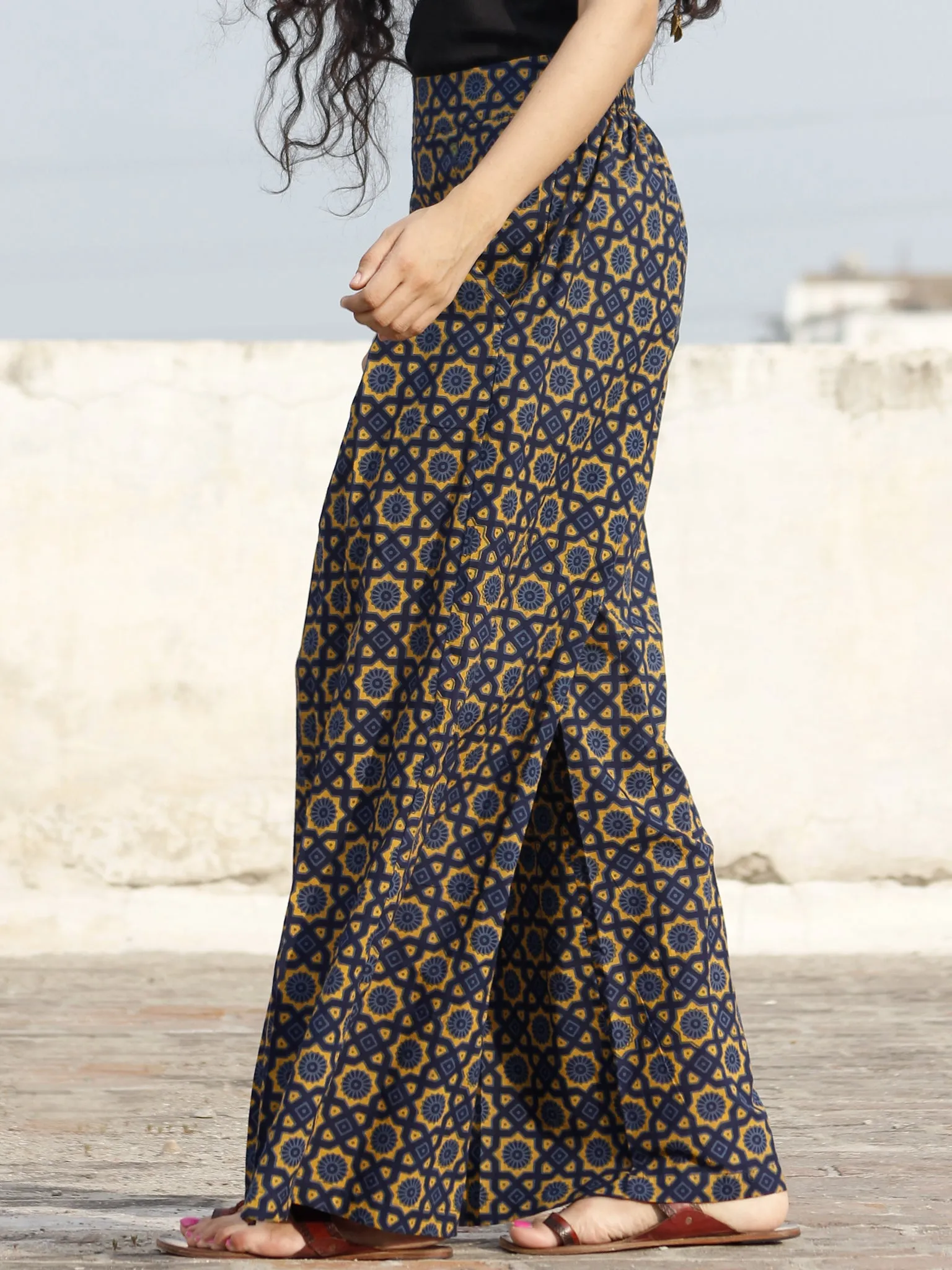Indigo Yellow Hand Block Printed Semi Elasticated Waist Pleated Cotton Palazzo - P11F695