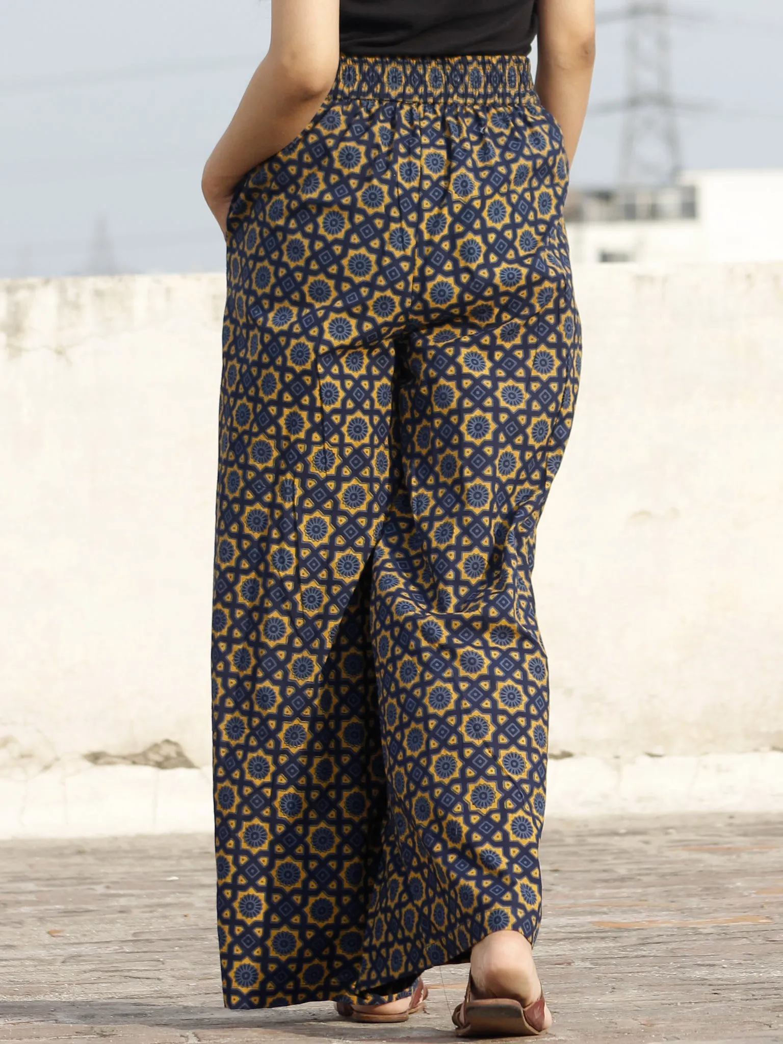 Indigo Yellow Hand Block Printed Semi Elasticated Waist Pleated Cotton Palazzo - P11F695