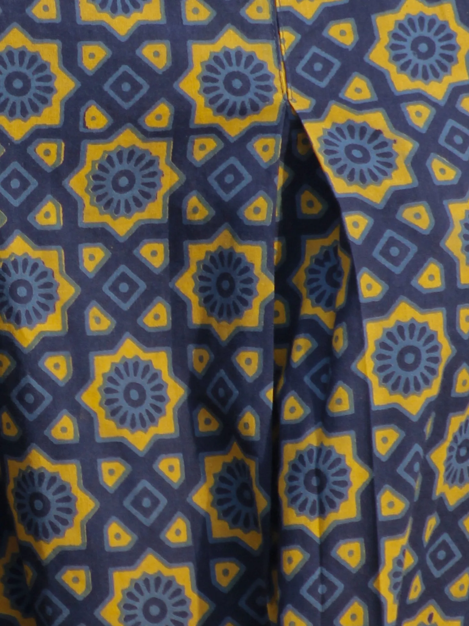Indigo Yellow Hand Block Printed Semi Elasticated Waist Pleated Cotton Palazzo - P11F695