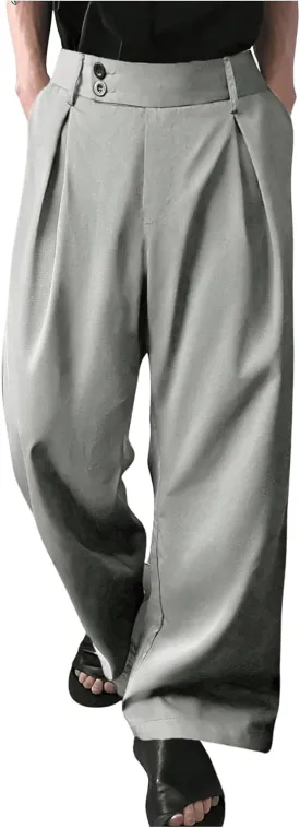 Milumia Men's Pleat Front Wide Leg Long Pants Button Loose Casual Pants