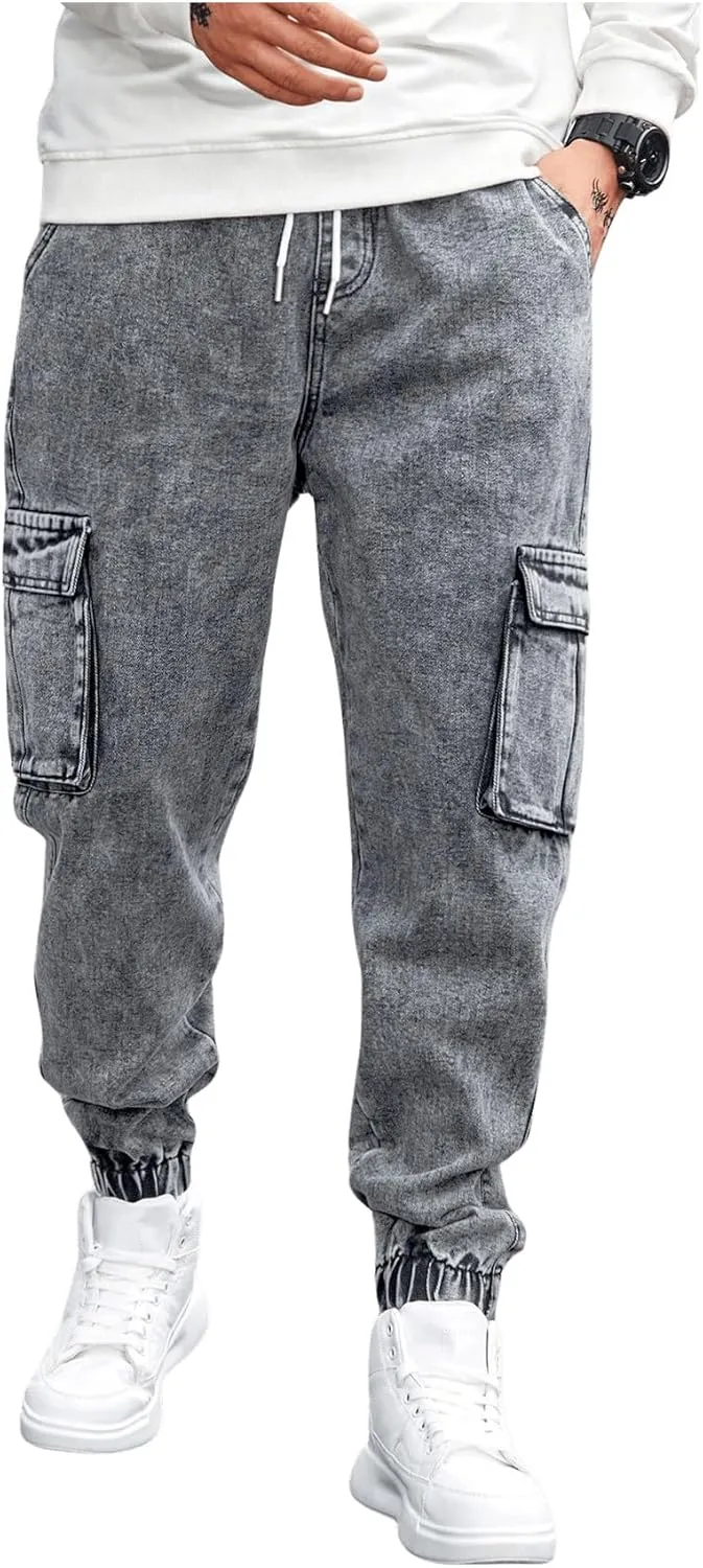 OYOANGLE Men's Drawstring Waist Flap Pocket Jogger Cargo Pants Carrot Denim Jeans with Pocket