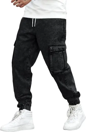 OYOANGLE Men's Drawstring Waist Flap Pocket Jogger Cargo Pants Carrot Denim Jeans with Pocket