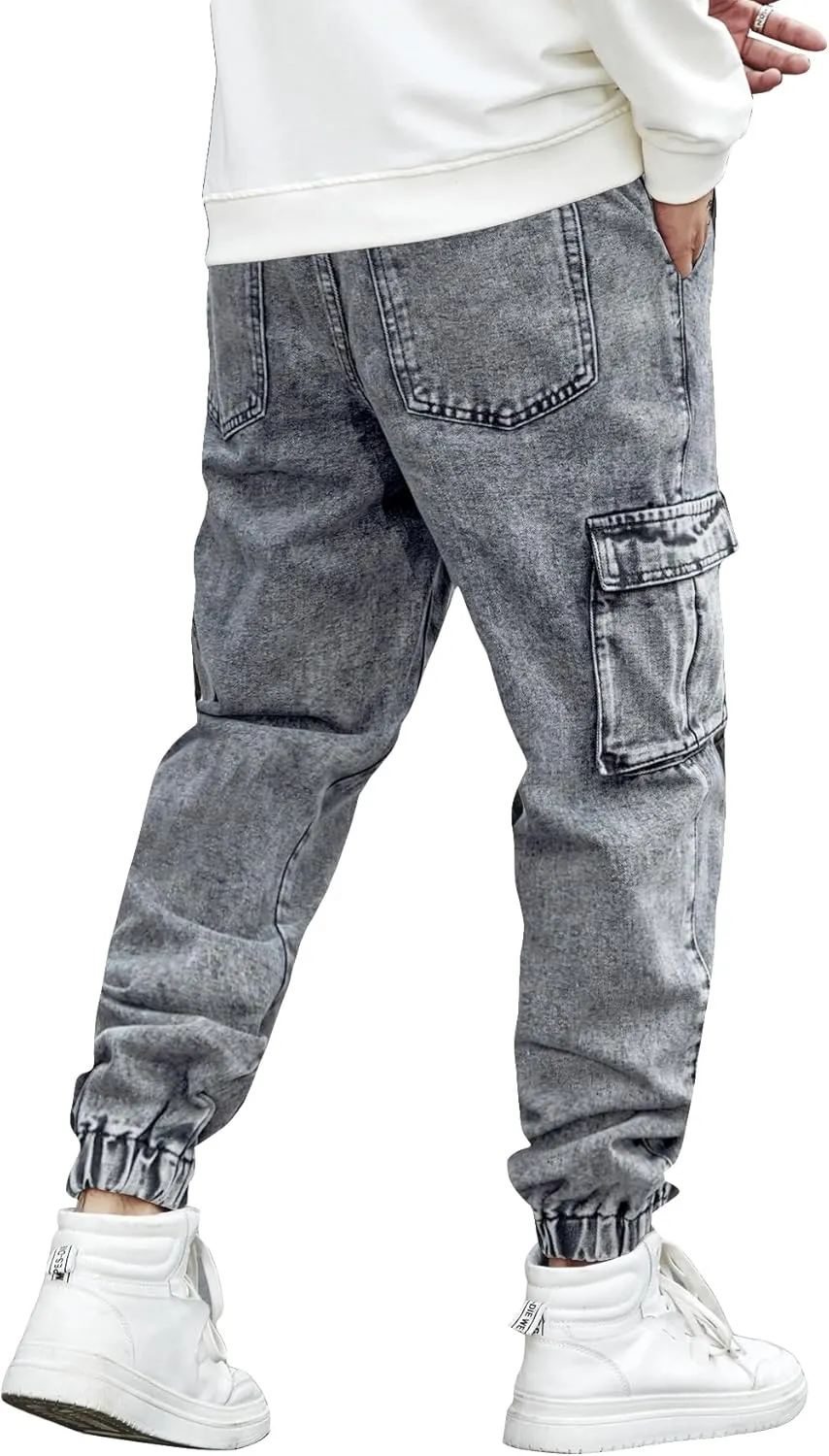 OYOANGLE Men's Drawstring Waist Flap Pocket Jogger Cargo Pants Carrot Denim Jeans with Pocket