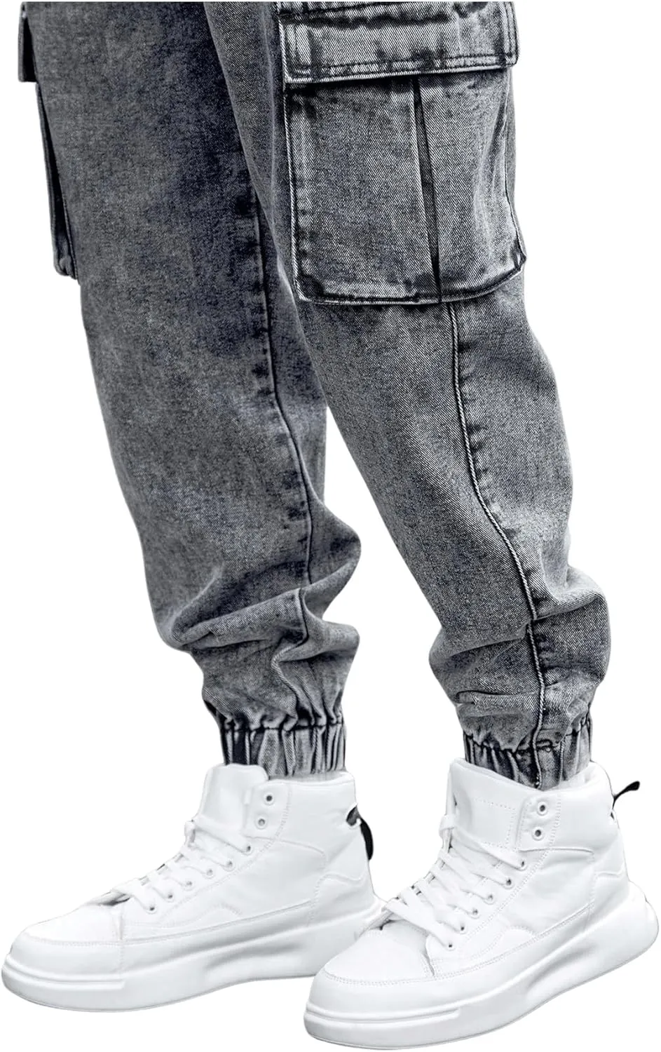 OYOANGLE Men's Drawstring Waist Flap Pocket Jogger Cargo Pants Carrot Denim Jeans with Pocket