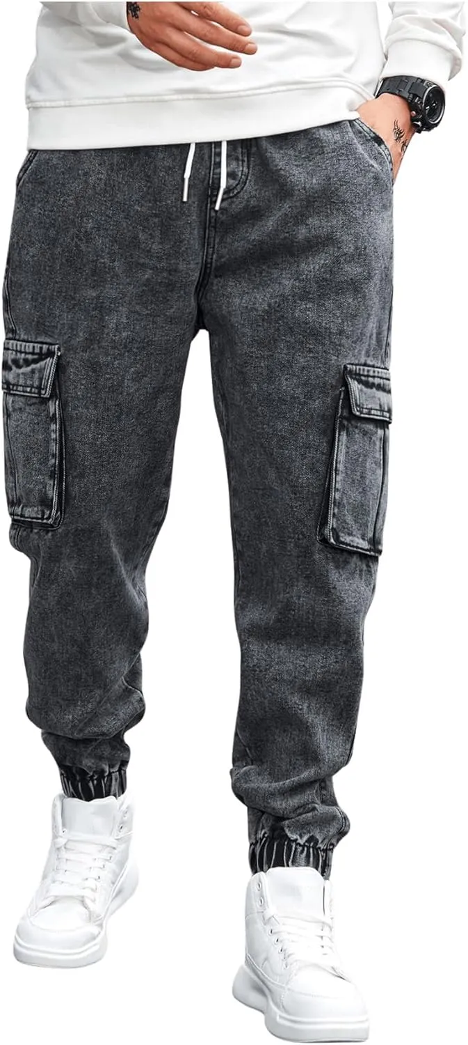 OYOANGLE Men's Drawstring Waist Flap Pocket Jogger Cargo Pants Carrot Denim Jeans with Pocket