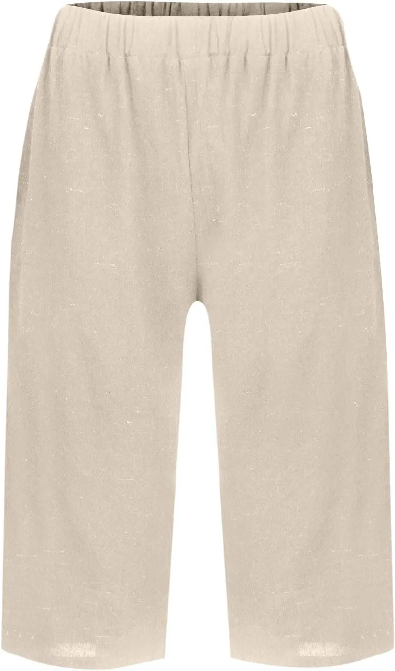 Pedal Pushers for Women Summer Pull On Bermuda Cotton Linen Shorts Knee Length Casual Beach Yoga Shorts with Pockets