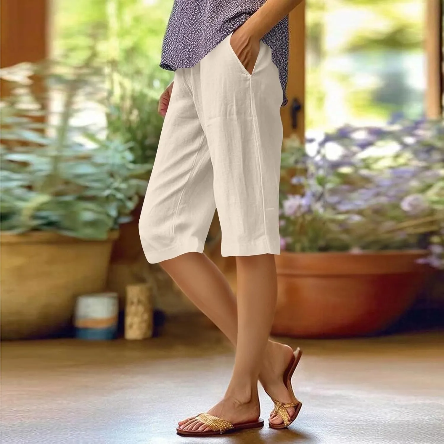 Pedal Pushers for Women Summer Pull On Bermuda Cotton Linen Shorts Knee Length Casual Beach Yoga Shorts with Pockets