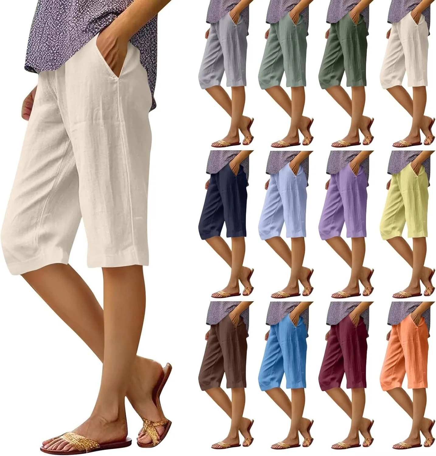 Pedal Pushers for Women Summer Pull On Bermuda Cotton Linen Shorts Knee Length Casual Beach Yoga Shorts with Pockets